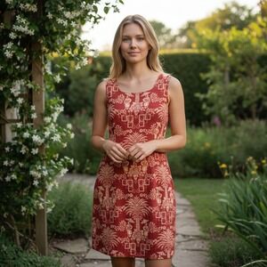 Virgo Sz 14 Y2K Red Chinoiserie Palm Tree Linen Blend Sheath Dress Beaded Accent